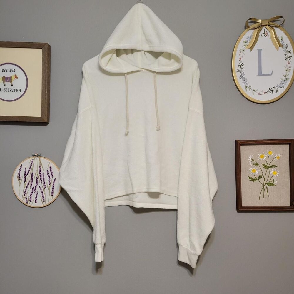 AS Revival White Cream Oversized Cropped Fleece Hoodie Sweatshirt Cozy Lounge